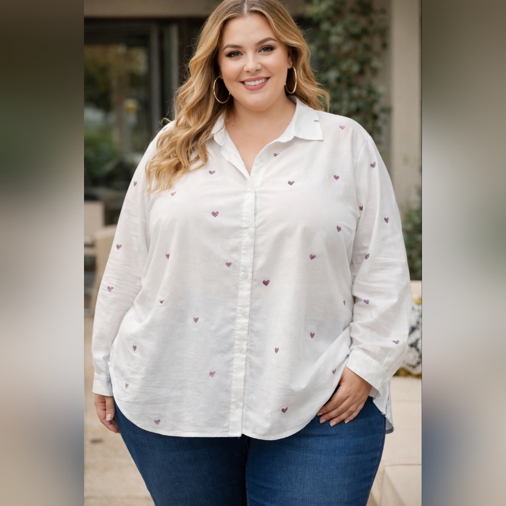 Tamara H White Heart Print Women's Top Size 3X 100% Cotton